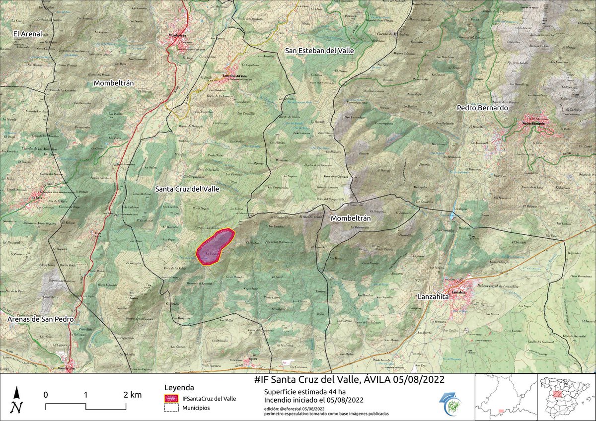 🔥#IFSantaCruzdelValle, Ávila Localización y posible extensión tomando como  base puntos calientes de esta madrugada. Podría haber alcanzado las 180 ha.  Gran trabajo el de esta noche consolidando flancos. Perímetro especulativo.