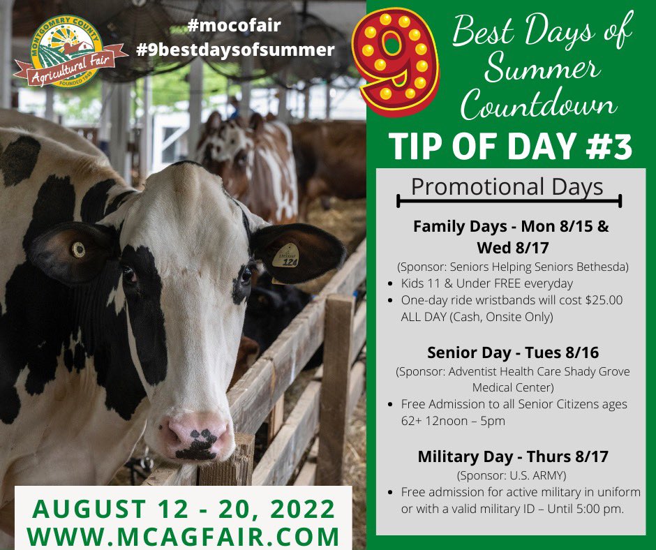 MOCOFAIR's tweet photo. 1️⃣ week from today we will be opening the 73rd @MOCOFAIR!! Check out the Promotional Days for extra savings & featured activities on each of those days!! We can’t wait to see you all soon!! https://t.co/lWbSmB7hhn
#mocofair #9bestdaysofsummer #promodays #fairfood #takeafairday https://t.co/YTYBeq2CKh