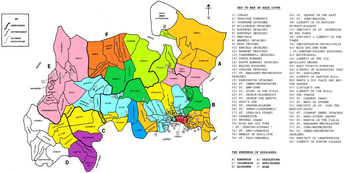 Ldn_Boundaries's tweet image. Parishes of Middlesex - colour grouped into modern day London Boroughs for which they would form the base of. Many parishes are ancient but some (such as Stepney) were broken up into several new civil parishes in the 19th century to reflect the growth in population.