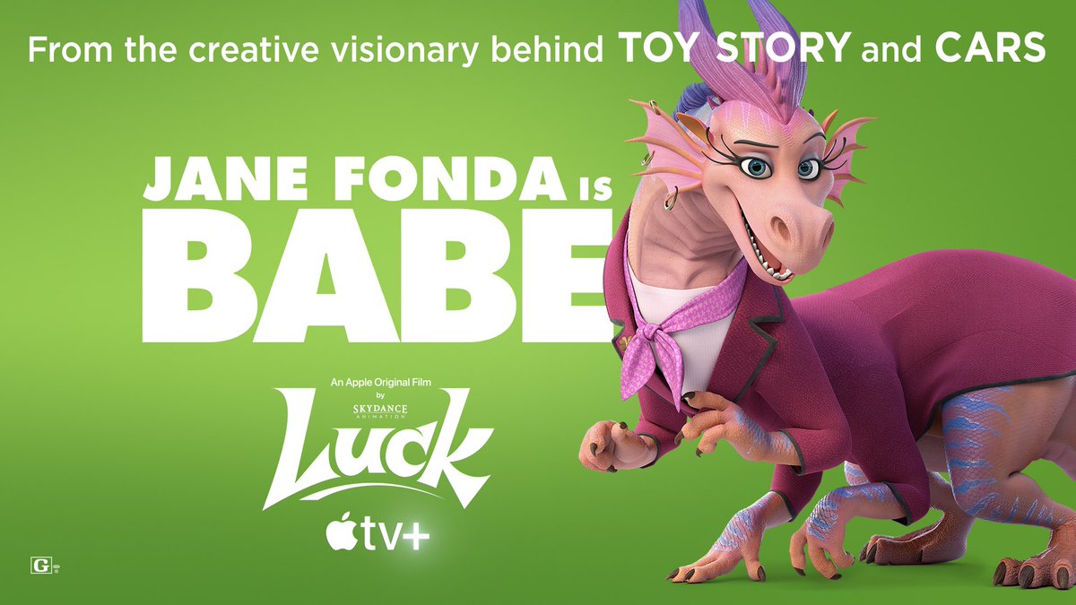 Janefonda's tweet photo. I’ve wanted to do a voice in an animated feature film for a long time. Introducing, Babe 🐉 !!!! LUCK is streaming exclusively on @AppleTVPlus #luck https://t.co/zeRy22kr3B