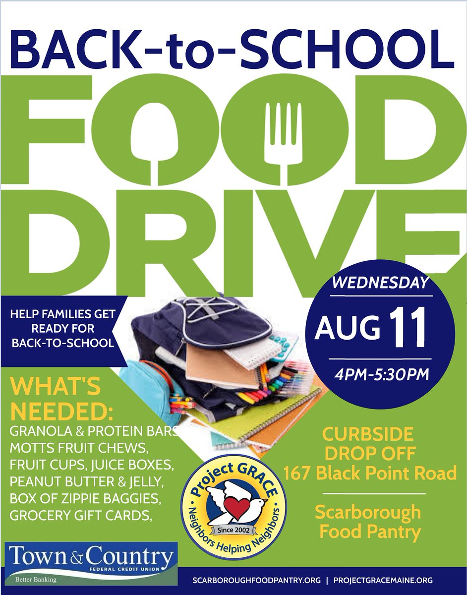 ProjectGraceME's tweet image. As part of our annual back to school drive, we're partnering with the Scarborough Food Pantry to hold a food drive on Thursday, August 11th. Volunteers will be on hand at the pantry from 4:00-5:30 to receive donations curbside. scarboroughfoodpantry.weebly.com/whats-needed