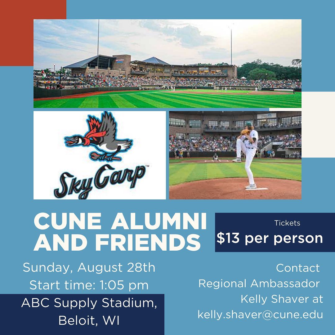 CUNEAlumni's tweet photo. #cunealumni and #cunefriends in southern WI or northern IL:
Join us for an afternoon of good baseball and fellowship on Sunday, August 28th at 1:05pm in Beloit, WI. Tickets are $13 per person. Contact me at Kelly.shaver@cune.edu for more info! https://t.co/XdE6qCFoyJ