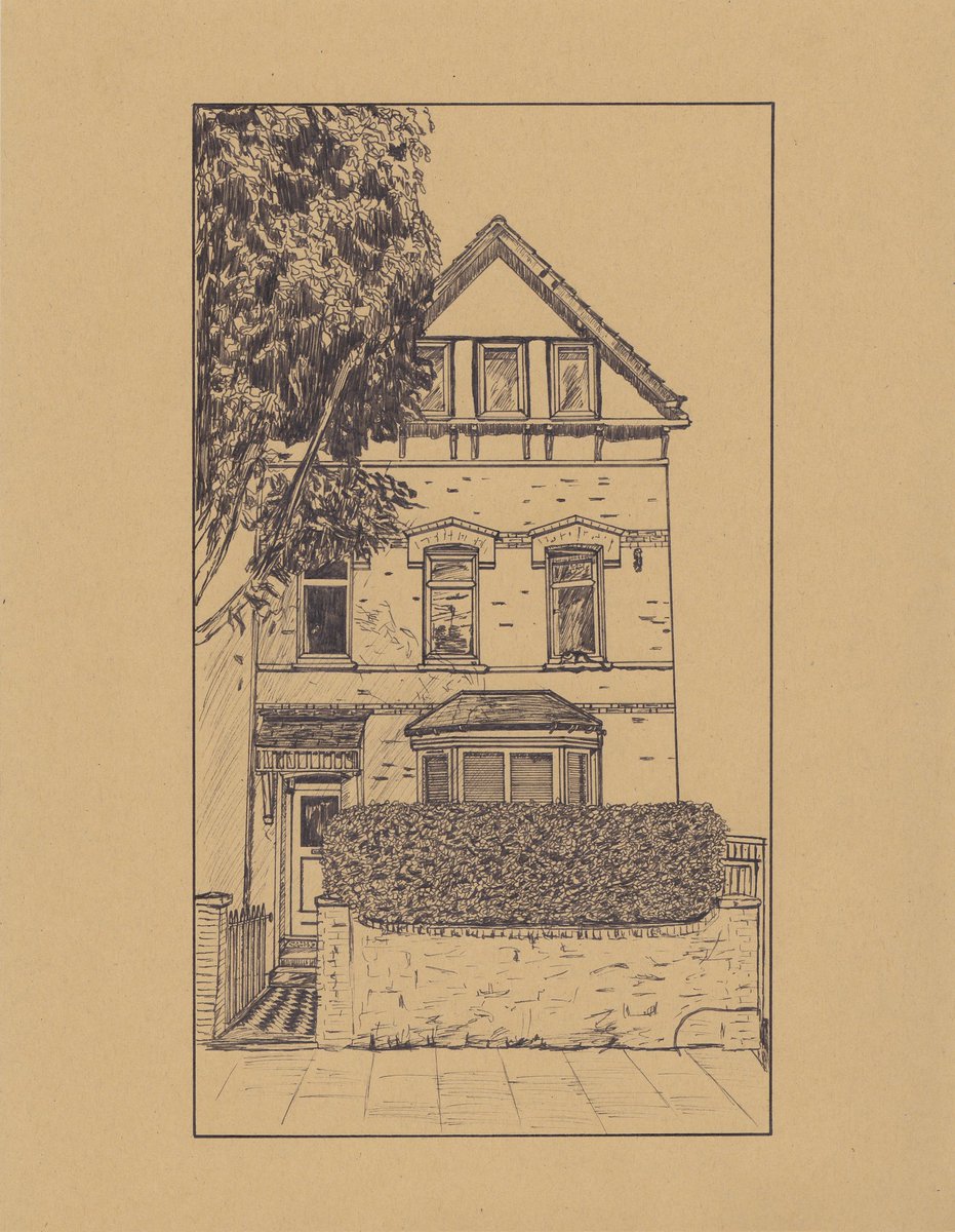 ReadButNotHeard's tweet image. 'Grove Park Road', Tottenham, 2020
I don't get to meet my buyers in person very often so when it's a doorstep collection, it's extra lovely.
In this drawing I particularly enjoyed inking up the tree + hedge. I played with marks to create texture + movement. Hope you like it.