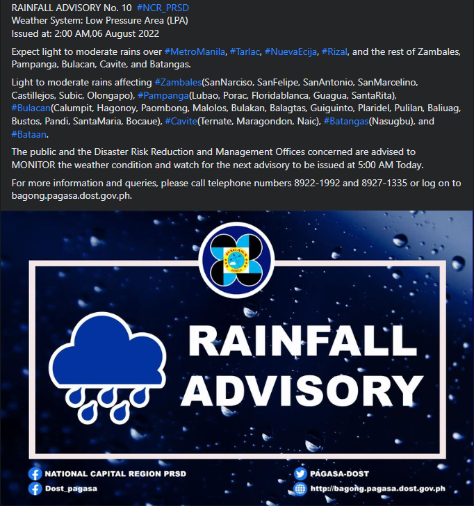 dost_pagasa's tweet photo. RAINFALL ADVISORY No. 10  #NCR_PRSD 
Weather System: Low Pressure Area (LPA) 
Issued at: 2:00 AM,06 August 2022 https://t.co/40P9LCCeSy