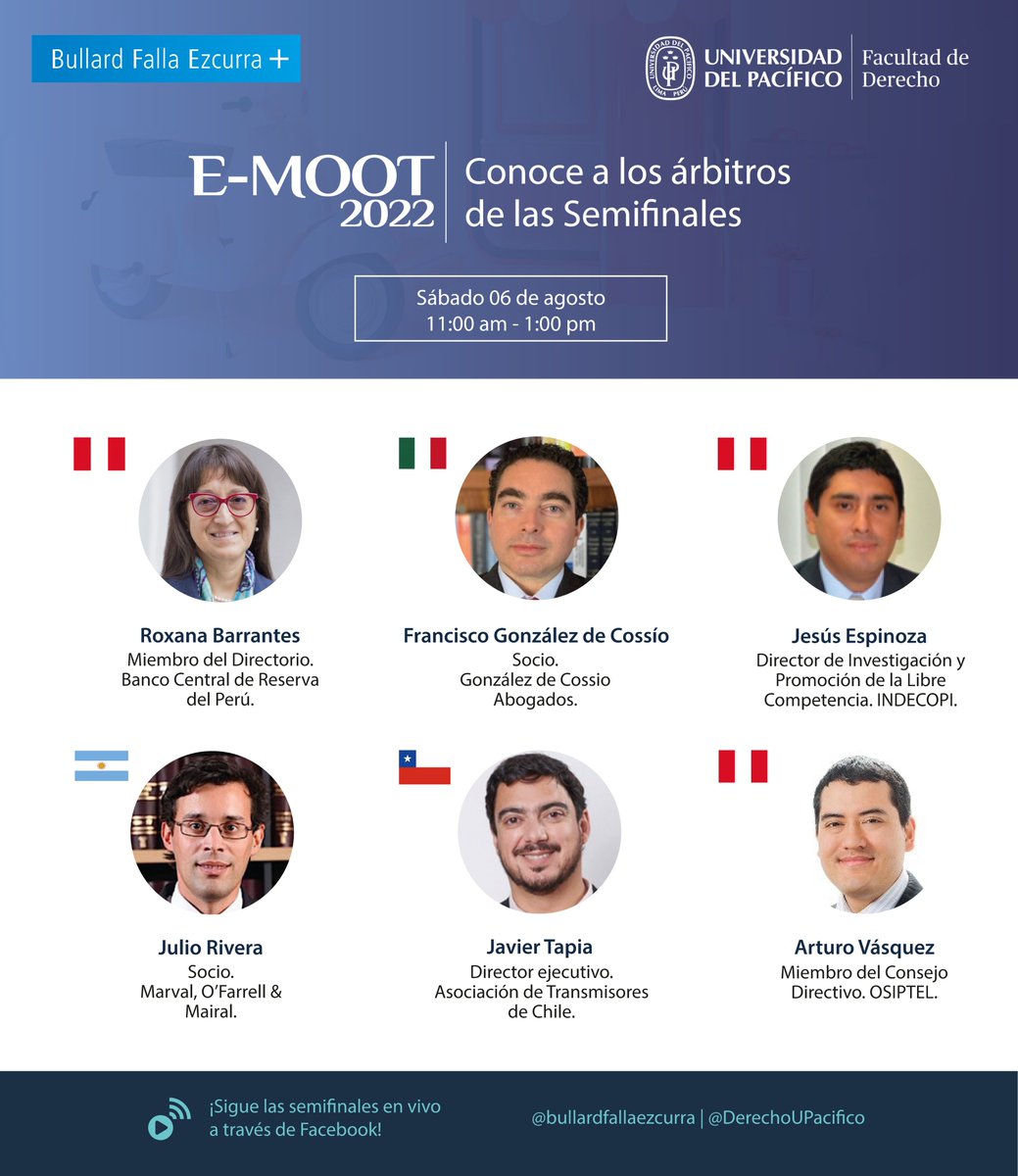 BFE_oficial's tweet photo. E-MOOT 2022 🎯 I Les presentamos a los 6 árbitros que conformarán los tribunales de la semifinales este sábado 06 de agosto desde las 11:00am (GMT-5).
#moot2022
#mootbfe https://t.co/a2uhWXazHW
