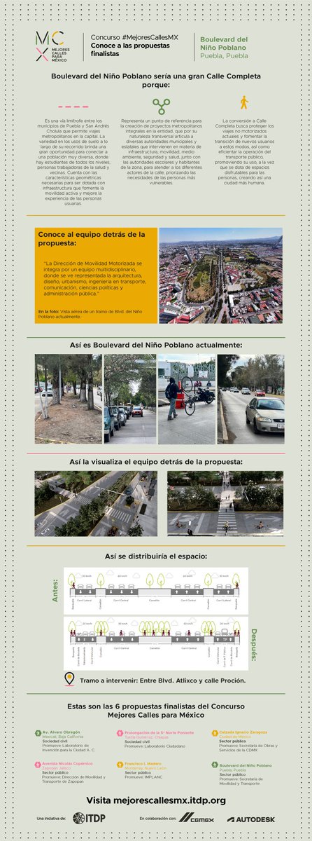 ITDPmx's tweet photo. ✰ Concurso #MejoresCallesMX | Propuestas finalistas 
En colaboración con @CEMEXMx y @AutodeskLATAM

🙌 Conoce más detalles de la propuesta del equipo de Puebla para el Blvd. Del Niño Poblano 🌳🌱

Descarga la ficha en alta resolución en https://t.co/KLmqf3ZjgW https://t.co/jdHpQM2Eej
