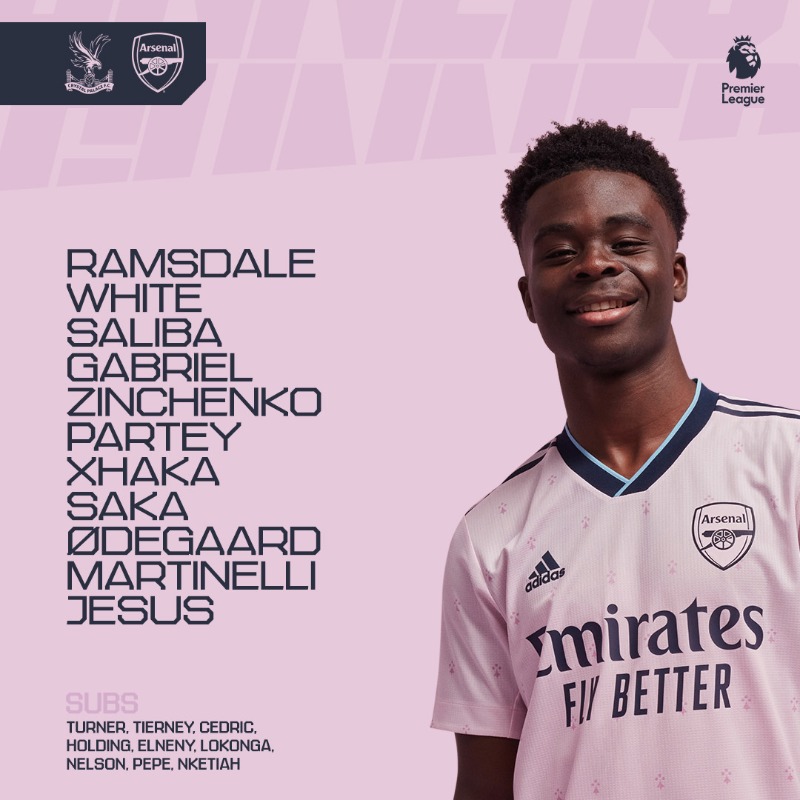Arsenal's tweet photo. Our first starting XI of 2022/23 ✊

🇳🇴 Odegaard captains the side
🏴󠁧󠁢󠁥󠁮󠁧󠁿 @BukayoSaka87 on the wing 
🇧🇷 @GabrielJesus9 in attack

#CRYARS