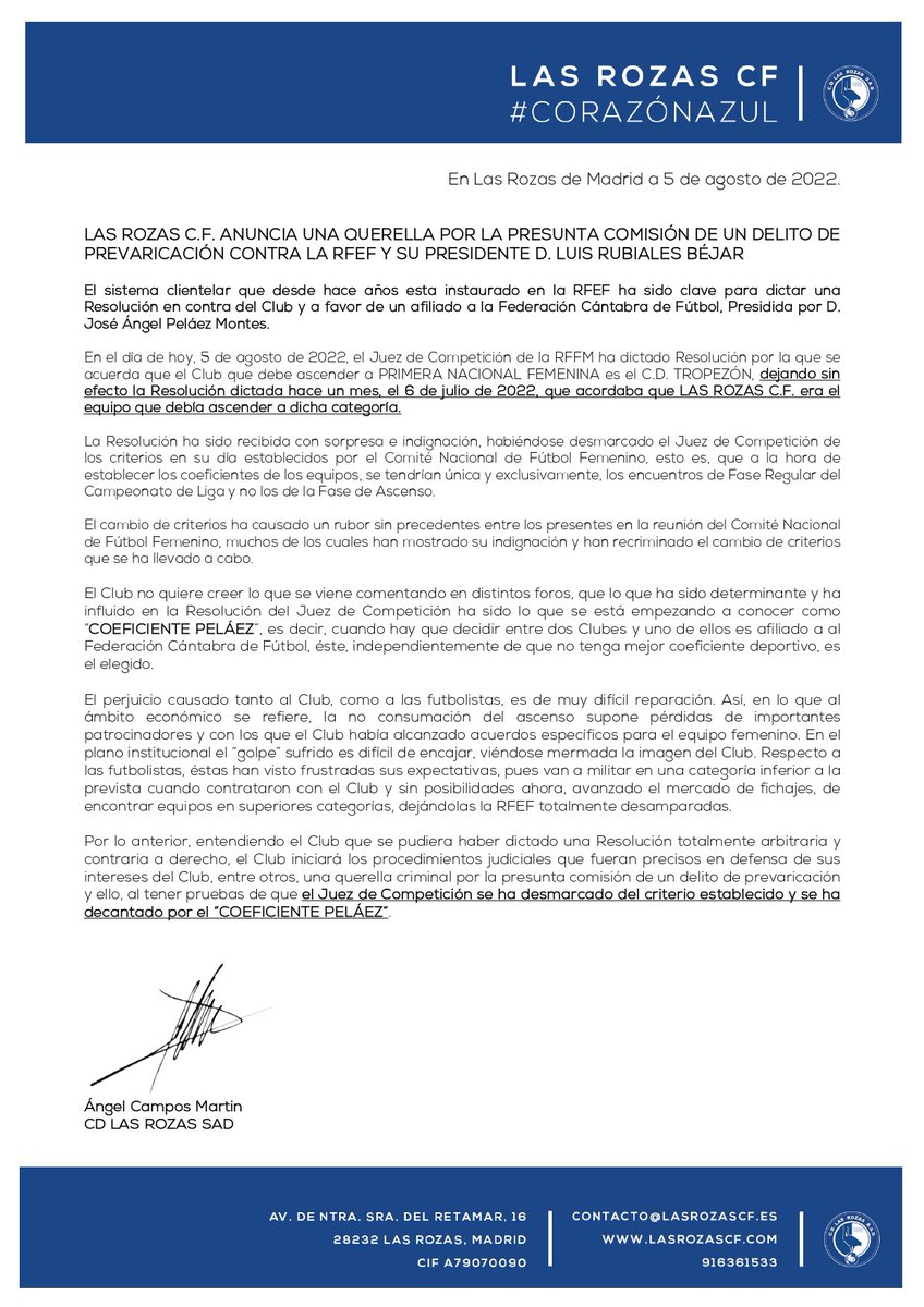 CLUB| Las Rozas C.F. anuncia una querella por la presunta comisión de un delito de prevaricación contra la <a href="/rfef/">RFEF</a> y su presidente D. Luis Rubiales Béjar.

#CorazonAzul | 💙
#SeamosUnaFamilia
