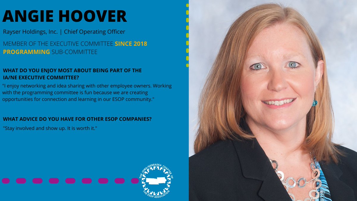 Happy Friday! For this week’s IA/NE Chapter Executive Committee member profile, we’d like to introduce you to Angie Hoover! #EmployeeOwnership