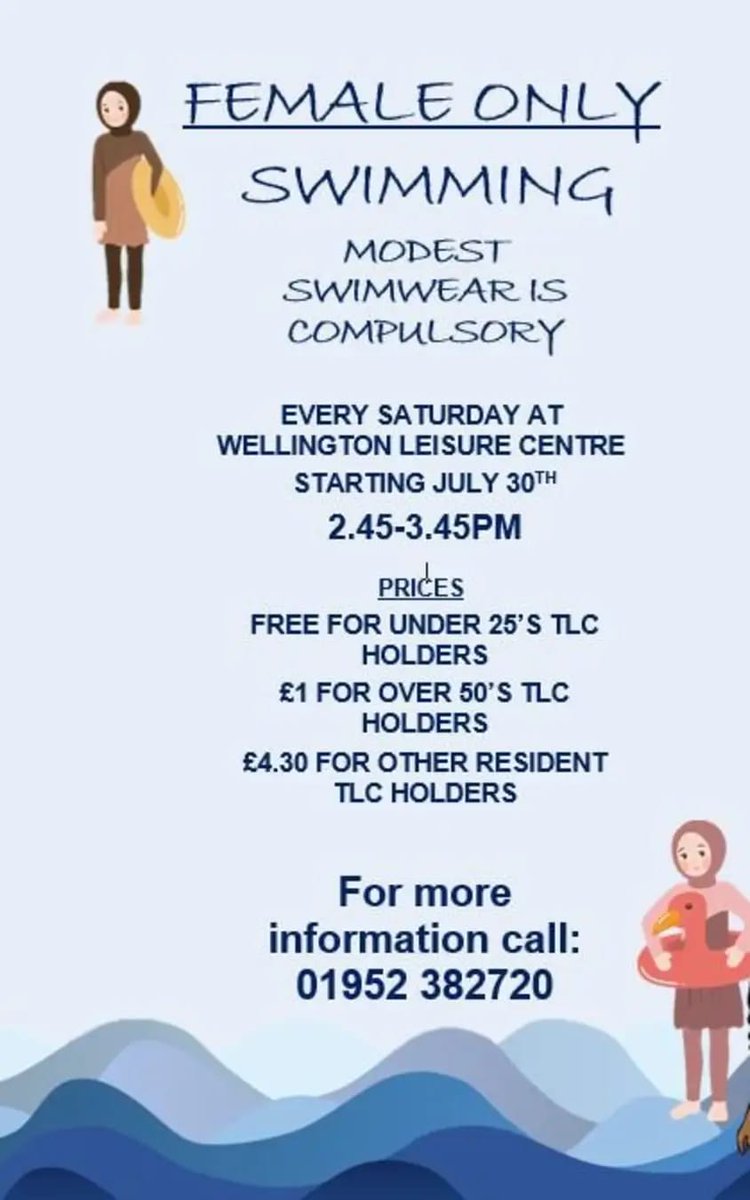HealthyTF's tweet image. A new female only swimming session has started at Wellington leisure centre!🏊

Encouraging females who are more comfortable in modest swimwear to increase their physical activity🙂 The next session is tomorrow (Saturday) 2.45-3.45pm.
For more info call: 01952 382720