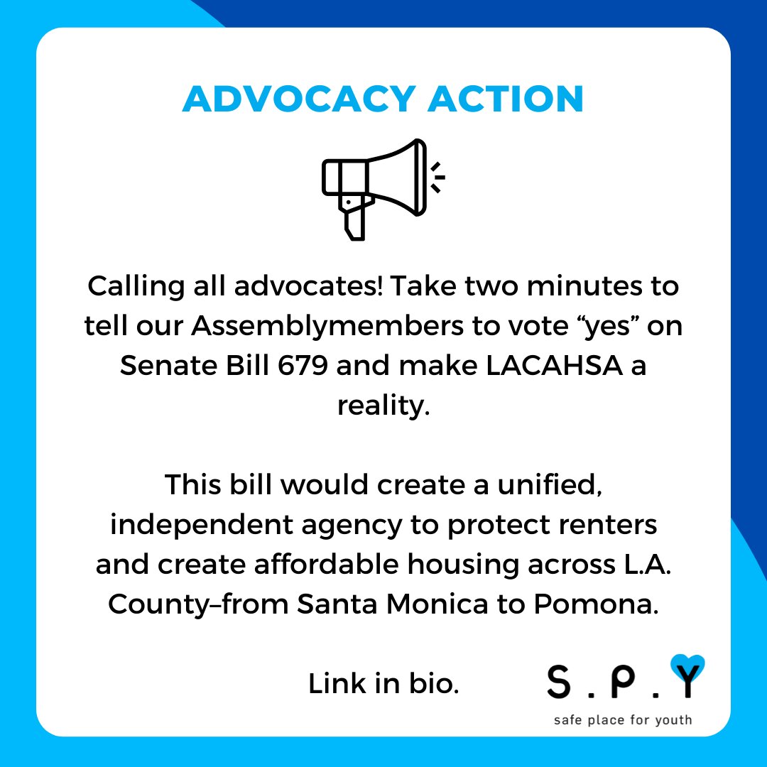 SafePlace4Youth's tweet photo. SB679 would create a unified, independent agency to protect renters &amp; create affordable housing in LA County. Take 2 mins. to email your representatives in support of the bill: https://t.co/WxslWbRhFc @EveryoneIn_LA has made this easy  by drafting text. #everyoneinLA #OurFutureLA https://t.co/Y6XdVJP6AE