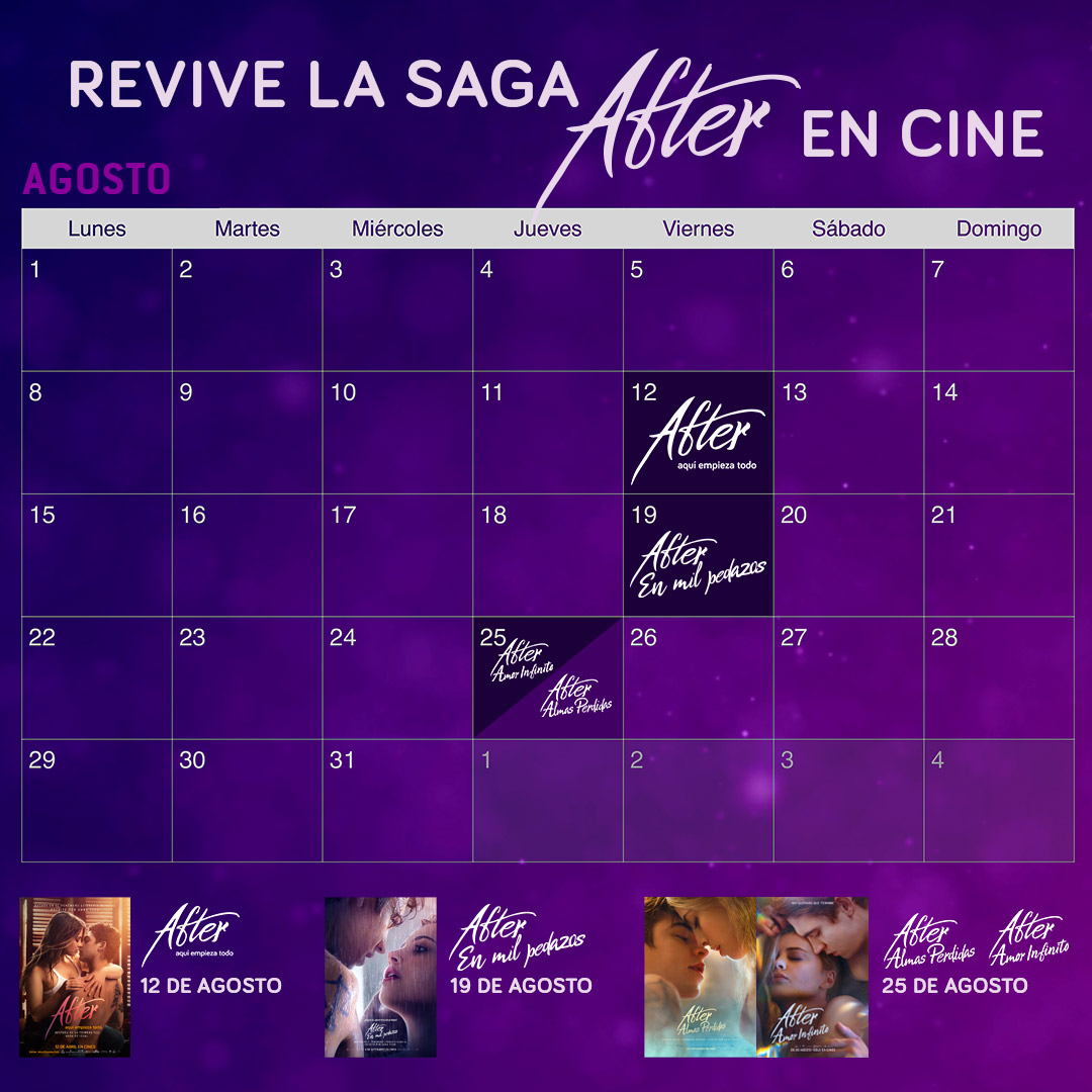 Cinesa's tweet photo. 📢Atentxs al calendario de la #SagaAfter💜
Apunta los días y activa las alarmas⏰
Ya puedes hacerte con tus entradas👉https://t.co/w0A6VnRHYt
Y recuerda que si compras tu entrada anticipada online para la maratón podrás llevarte un póster de regalo😍
#PróximosEstrenos #Afterianas https://t.co/HZWIUwdeLd