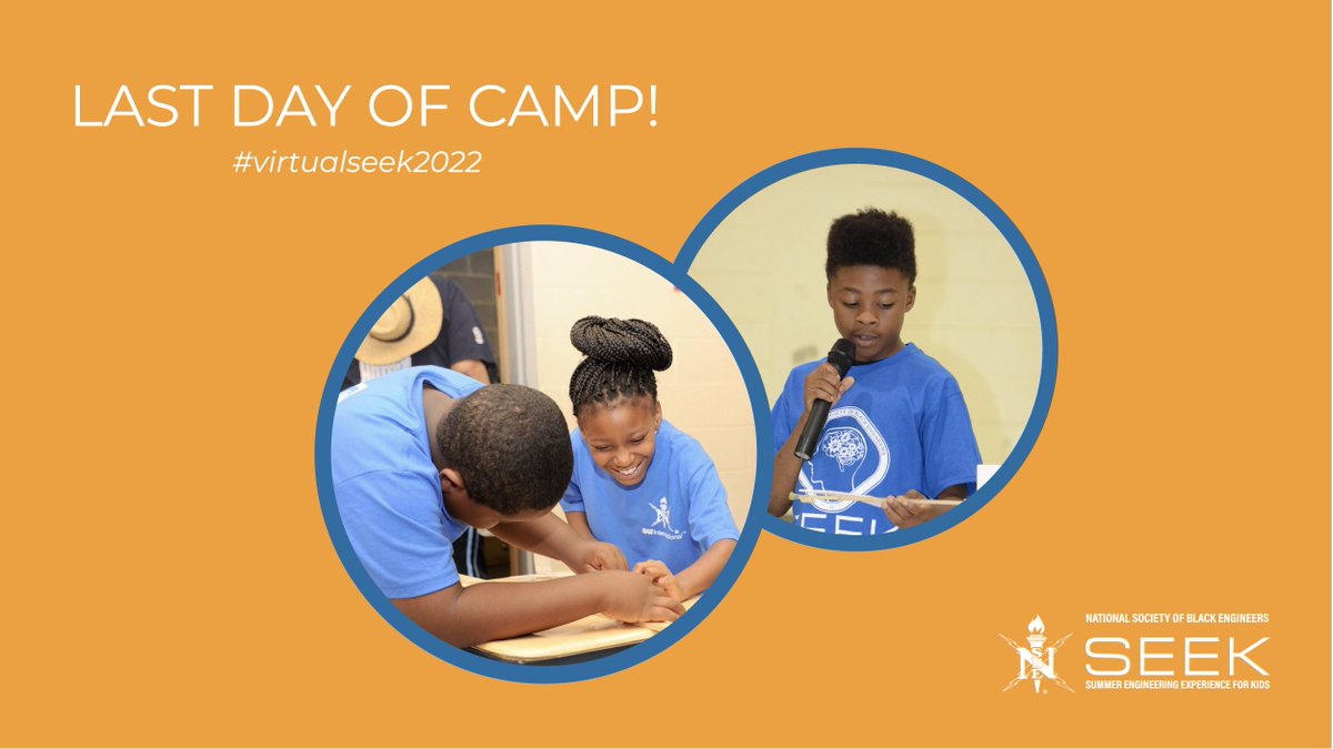 SEEKNSBE's tweet photo. It's the last day of camp! We are so proud of all our students and what they have accomplished. We learned a lot and had so much fun. We're sad to see out students go, but excited to see what they do next!
#NSBE #virtualseek2022 #summerengineeringexperienceforkids #nsbeseek https://t.co/shuRwc7JbD