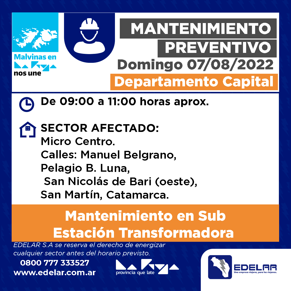 EdelarSAU's tweet photo. #MantenimientosPreventivos

📌Programado para el domingo 07/08 en los Departamentos Capital y Sanagasta. https://t.co/i2RSOblKCQ