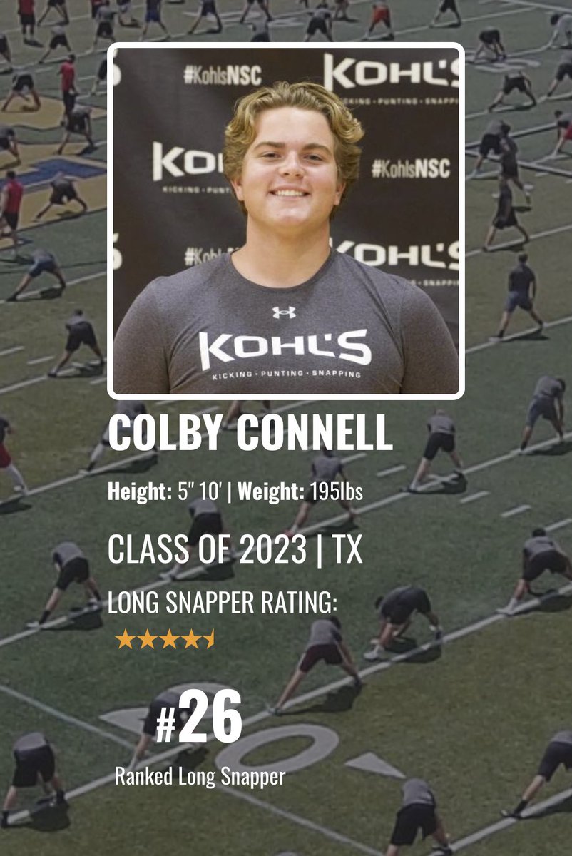 ColbyConnell1's tweet photo. Thank you @KohlsSnapping for the updated ranking and writeup! Excited to announce that I've earned a 4.5 star rating and ranked as the #1 long snapper in Texas, and the #26 long snapper in the nation. @Coach_Casper @BlaineSiddersJr @CONREYD1 @AddingtonTucker @Coach_Messer https://t.co/aLMXKir4mG
