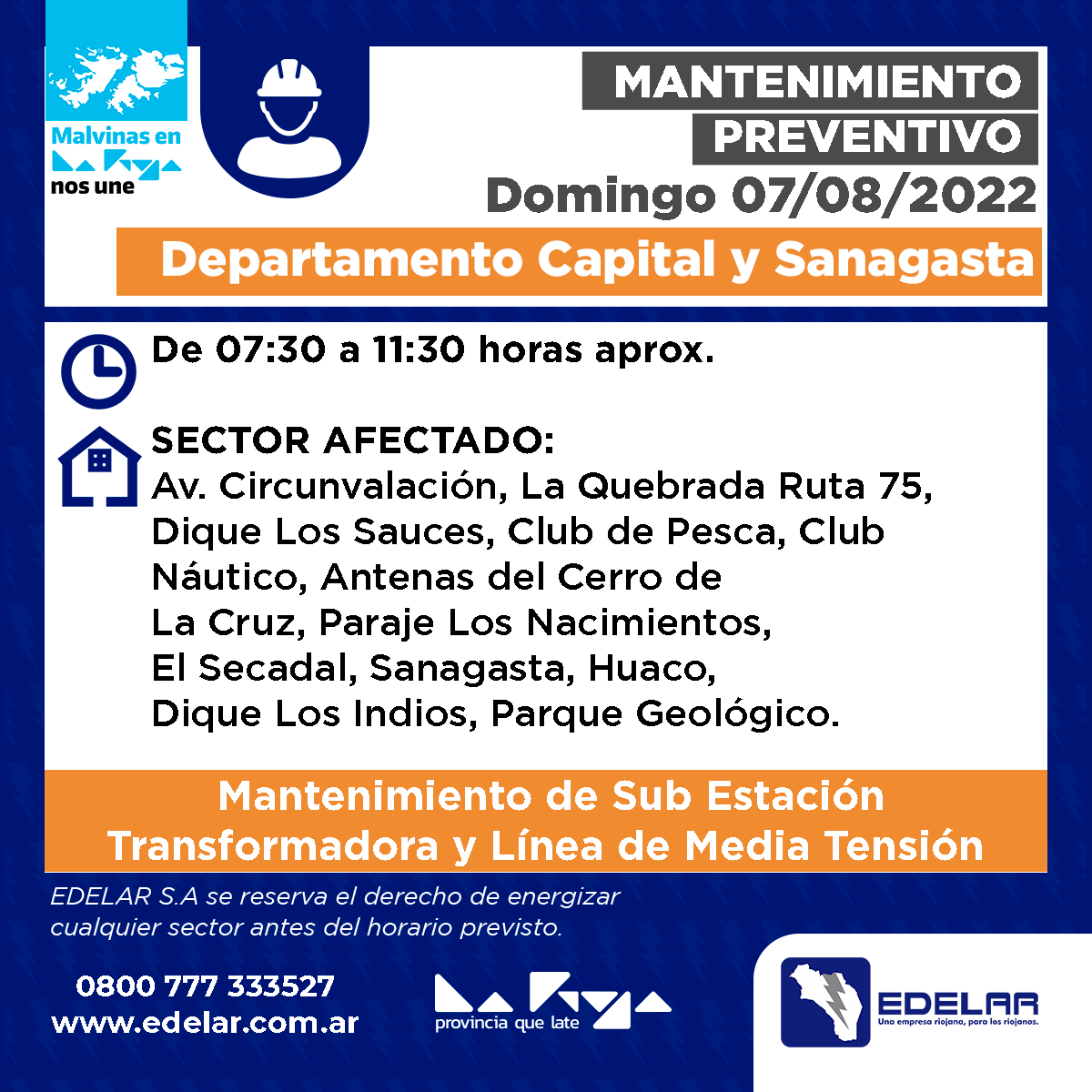 EdelarSAU's tweet photo. #MantenimientosPreventivos

📌Programado para el domingo 07/08 en los Departamentos Capital y Sanagasta. https://t.co/i2RSOblKCQ