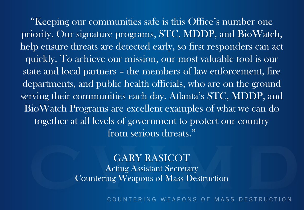 DHScwmd's tweet photo. Acting Assistant Secretary Rasicot traveled to Atlanta this week to meet w/ local law enforcement & public health partners who locally operate CWMD’s #SecuringtheCities & #BioWatch Programs. https://t.co/cZMfZS8J9H https://t.co/sBcCwOPkAK