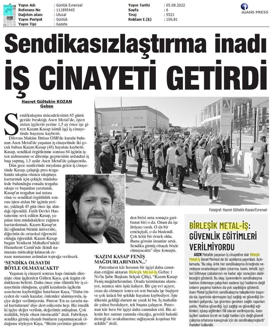 BirlesikMetal's tweet photo. #AsenMetal de iş cinayeti.
Sendikalaştıkları için işten attığı işçilerin yerine alınan işçi egitim almadan pres tezgahında çalıştırıldı ve hayatını kaybetti. İşveren bu ölümün birinci derecede sorumlusudur ve gözaltına alınıp yargılanmalıdır. https://t.co/0EEzdXfNwf