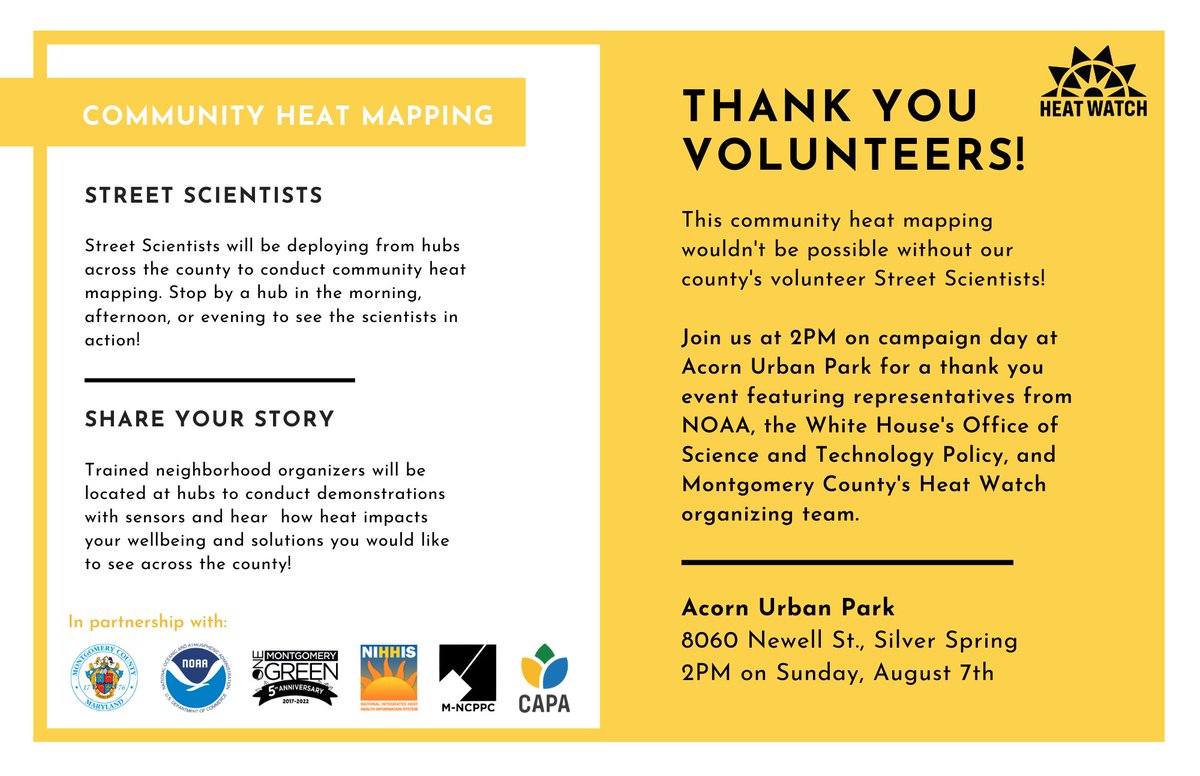 MyGreenMC's tweet photo. Montgomery County’s Urban Heat Mapping is this Sunday, August 7th! Stop by one of our checkpoints to learn about the program, heat health, and urban #heatislands in @MontgomeryCoMD https://t.co/x2YK9ntyZm #HeatHealthMC https://t.co/N5YZhv5tIp