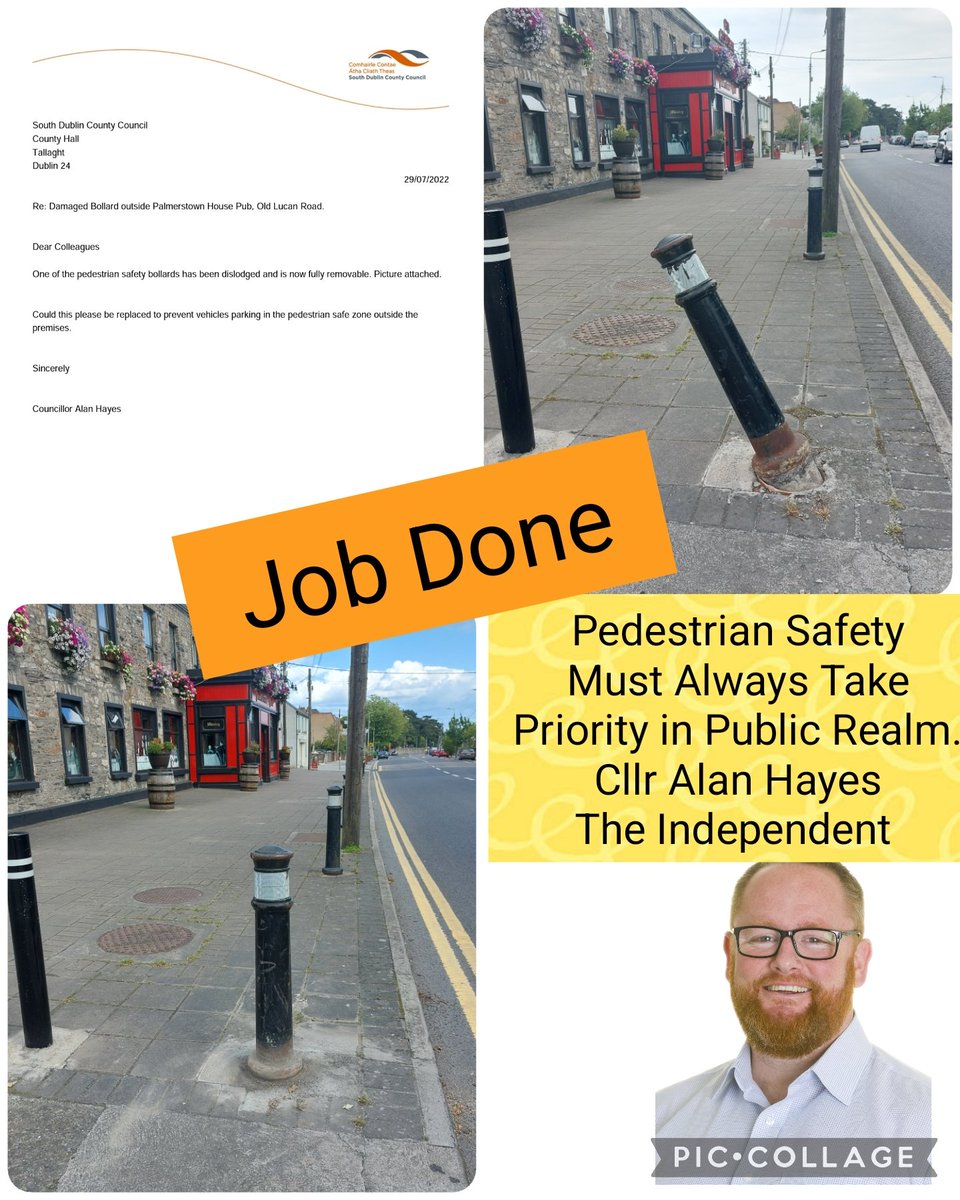 AlanHayesDublin's tweet photo. โ
๏ธ Result in #Palmerstown
๐ Thanks to @sdublincoco for repairing the damaged pedestrian safety bollard
โก๏ธ Credit to Pink Ladies who also are a representation
๐ Everyone can report items like this, it's easy to do online here https://t.co/TCkIbtUCGe
#HardWorkingHayes https://t.co/UOcDwvJslF