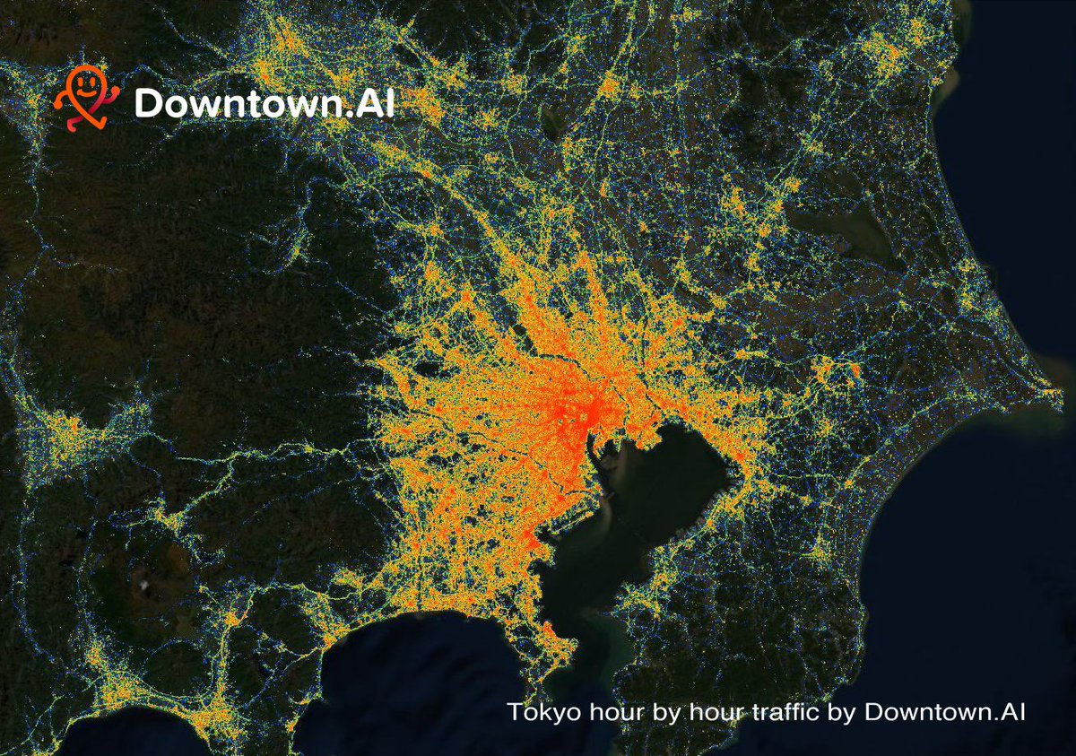<a href="/DowntownAI/">Downtown.AI</a> we use #locationdata and #MachineLearning  to map, analyze and predict multimodal traffic around the world. This is a heatmap render of #tokyo , #Japan 's traffic during the pm rush hours.