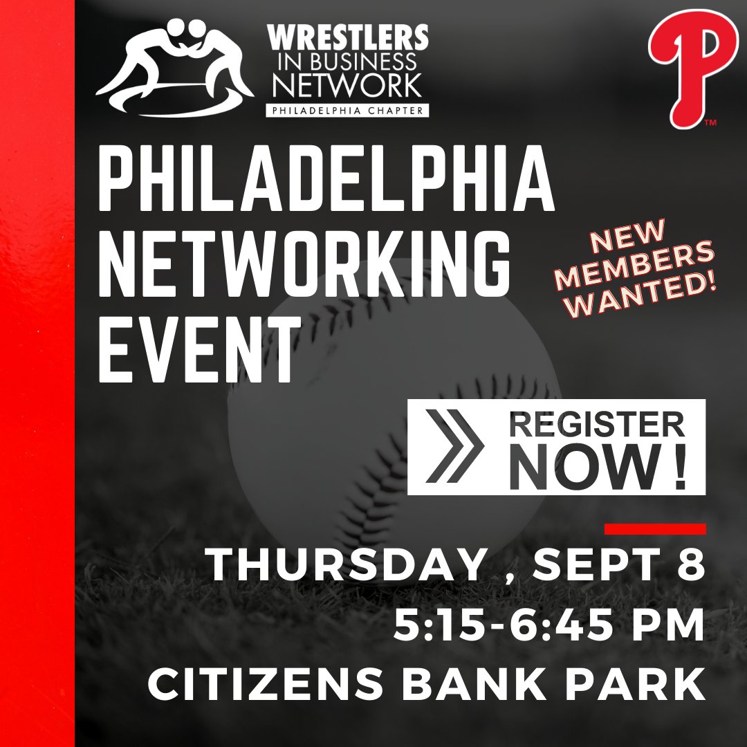 We're inviting you for 90 mins of networking b4 watching a Phil’s game with WIBN! Tickets are $25 for members &amp; $50 for non-members for food, drinks, a night of baseball, &amp; making connections w/other wrestlers! Bring a prospective member &amp; sign up today: bit.ly/3PRdyvv