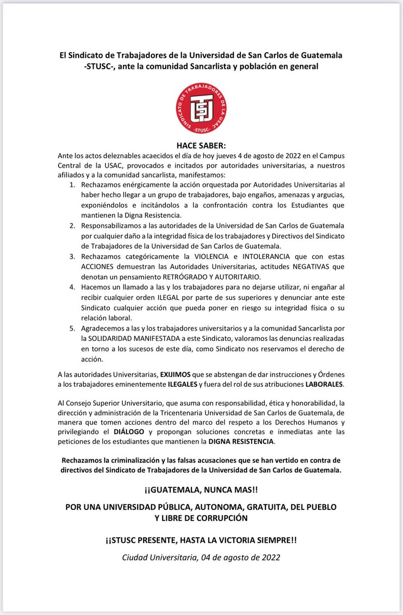 SStusc's tweet photo. Nuestra postura ante los sucesos de ayer en el Campus Central. #StuscPresente #USAC #ElFraudeSeCae https://t.co/P5KtPbpsel