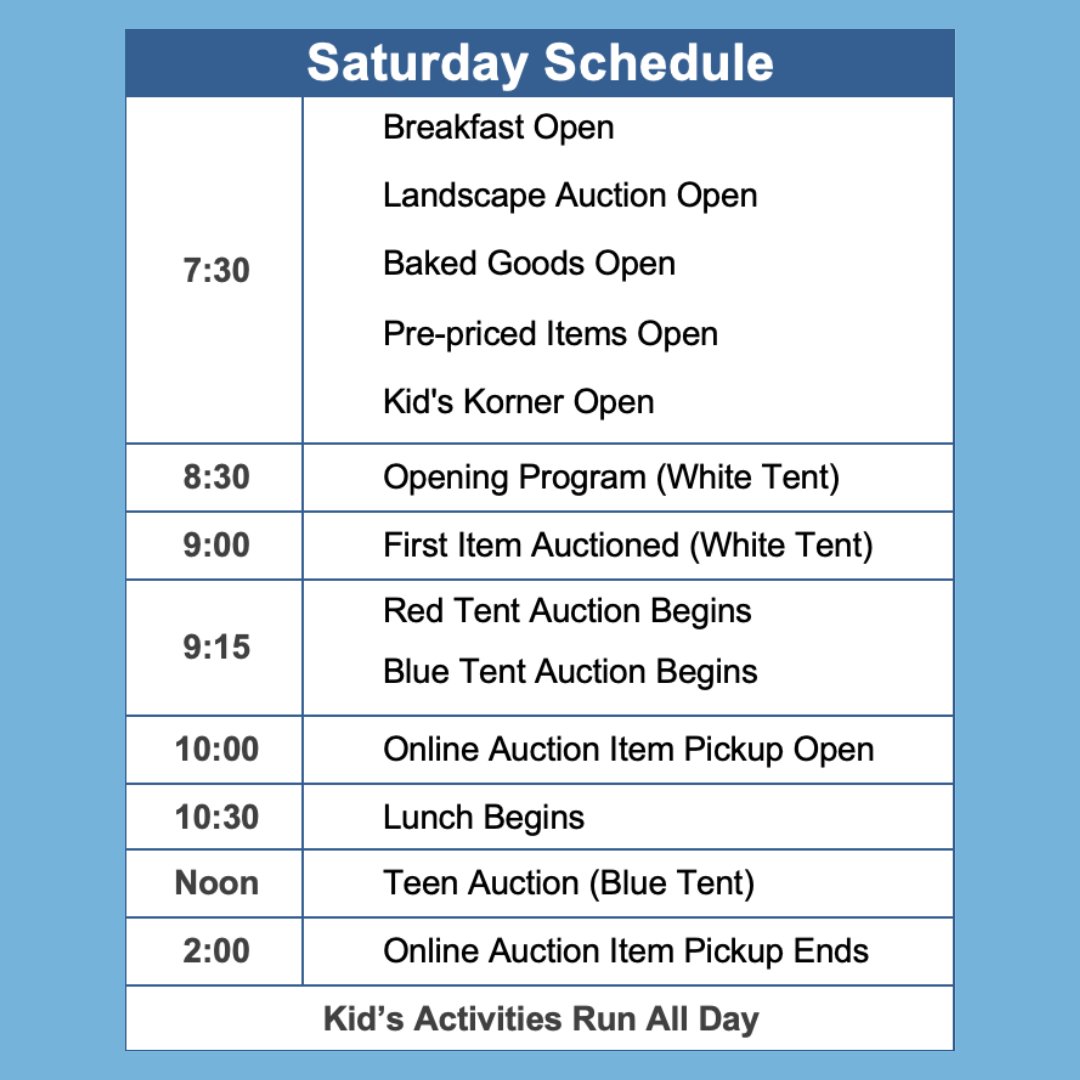 Here is the schedule for Saturday, arrive bright and early for breakfast and the program before the first item opens!