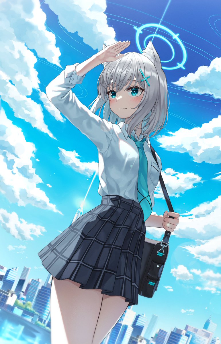 shiroko (blue archive) 1girl skirt animal ears solo shirt halo bag  illustration images