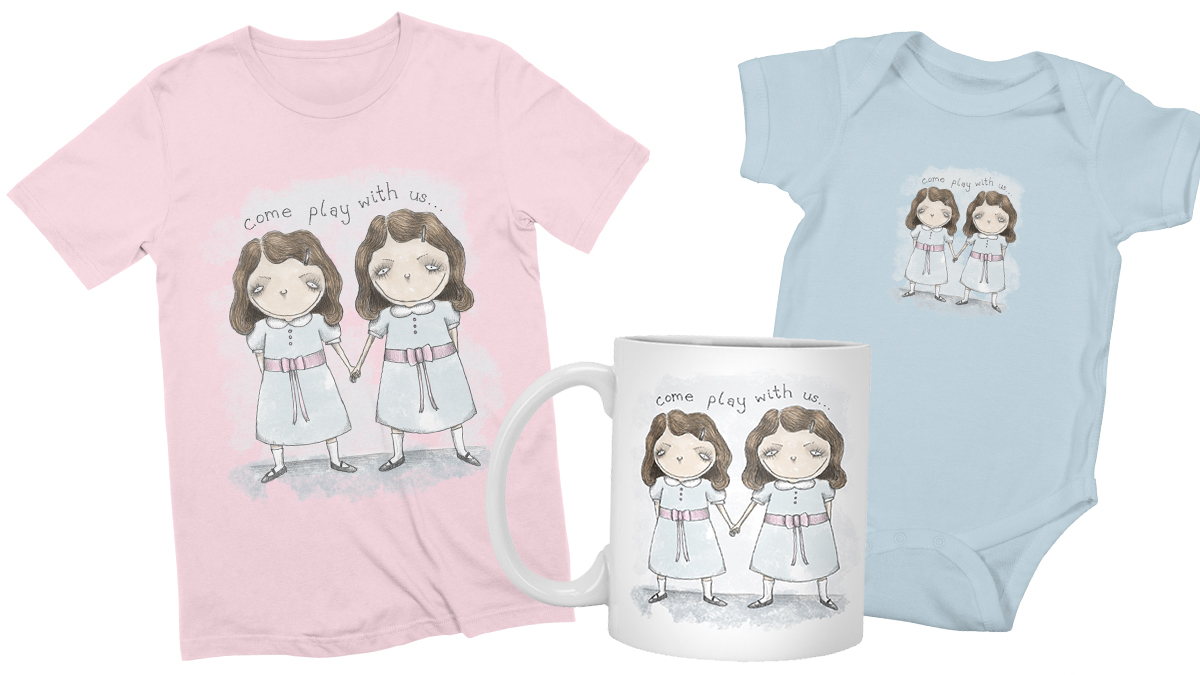 SEMillustration's tweet photo. I submitted my illustration of the adorable Grady twins to @Threadless' Halloween contest. If you have a sec to click on the link and vote for me, I'd really appreciate it! (Also these cute little sissies are available for sale in my #threadlessartistshop) https://t.co/kZVRRqhjdB https://t.co/jgHx6akK77