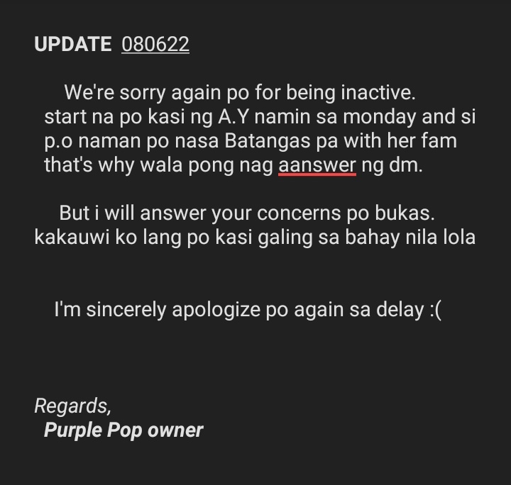 Hello Good Day! 
 Kindly read this update po. 
I'm sincerely sorry again po for the delay, thank you for understanding! 💜