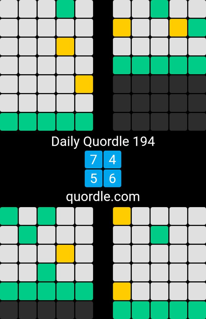 Daily Quordle 194
7️⃣4️⃣
5️⃣6️⃣
quordle.com