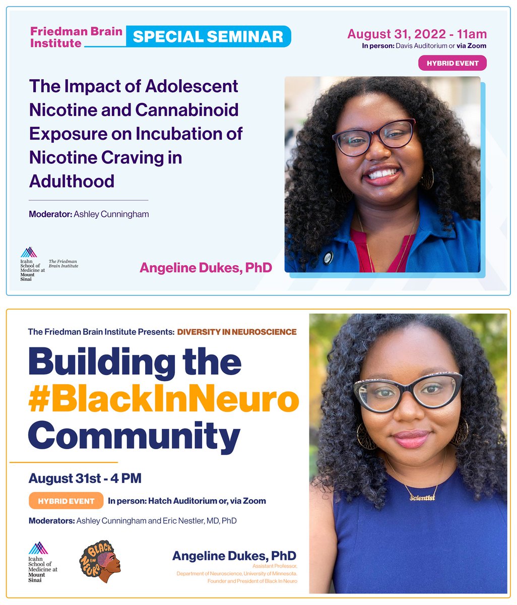 SinaiBrain's tweet photo. Coming off of a GREAT #BiNW22, on August 31st, JOIN @therealdrdukes as she pulls off a rare feat - A DOUBLE FEATURE! ONE DAY, ONE PRESENTER, TWO SPECIAL EVENTS! Hosted by @AneuroGirl & @EricJNestler, the first presentation will be at 11am, the second at 4pm. NOT TO BE MISSED! https://t.co/EDIk56LMB6