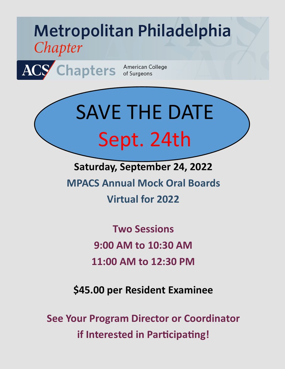 Metro Philly ACS (@acsphilly) on Twitter photo MPACS Mock Oral Boards - Sat, Sept 24th. See Your Program Director or Coordinator to register. MPACS Mock Oral Boards - Sat, Sept 24th. See Your Program Director or Coordinator to register.