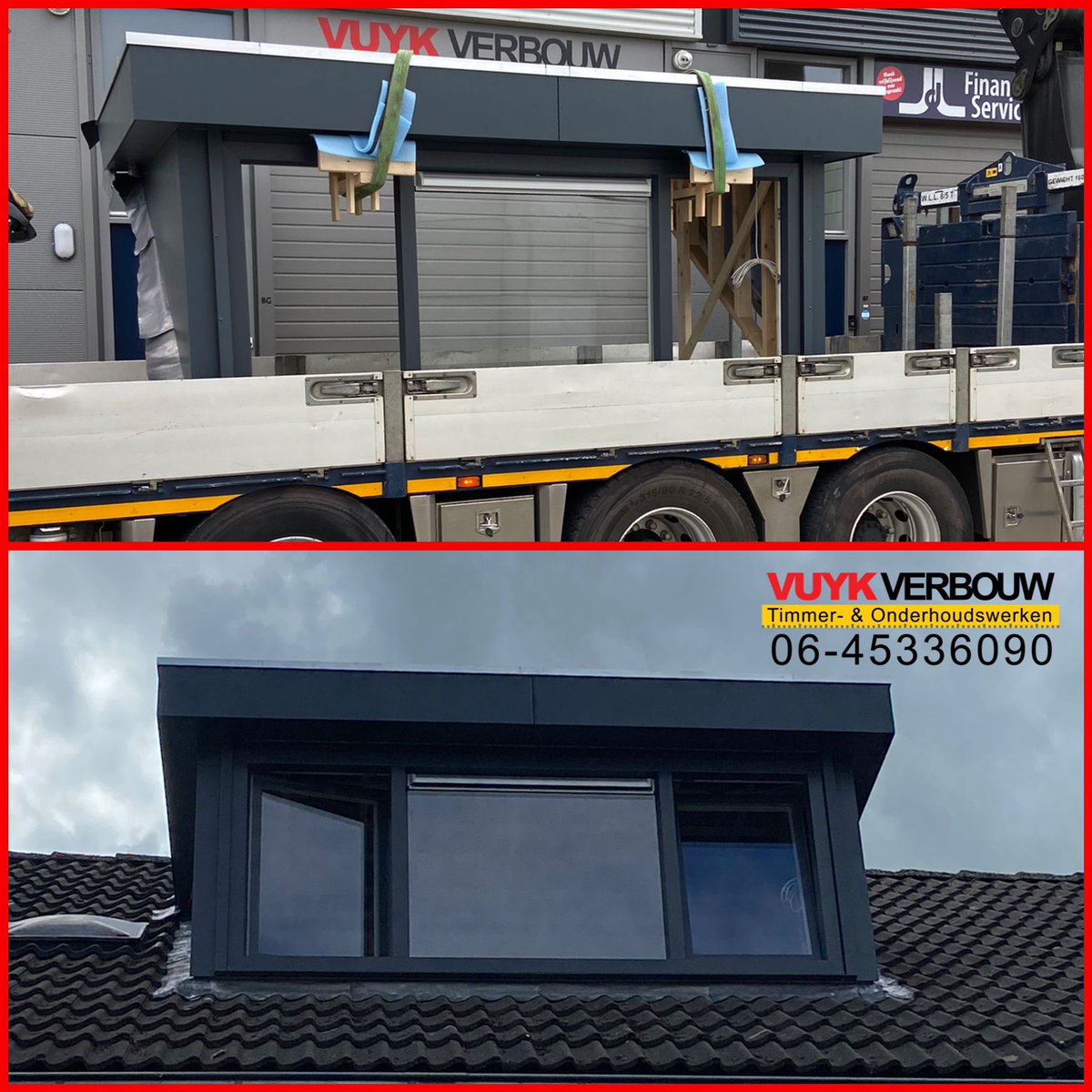 #Dakkapel geplaatst in Zwartewaal🏡. Door ons aan de zaak gemaakt, transport en op het dak gemonteerd 🏗. In het boeideel zit het #rolluik verwerkt. 

Ook interesse? Neem contact op via 🌍vuykverbouw.nl