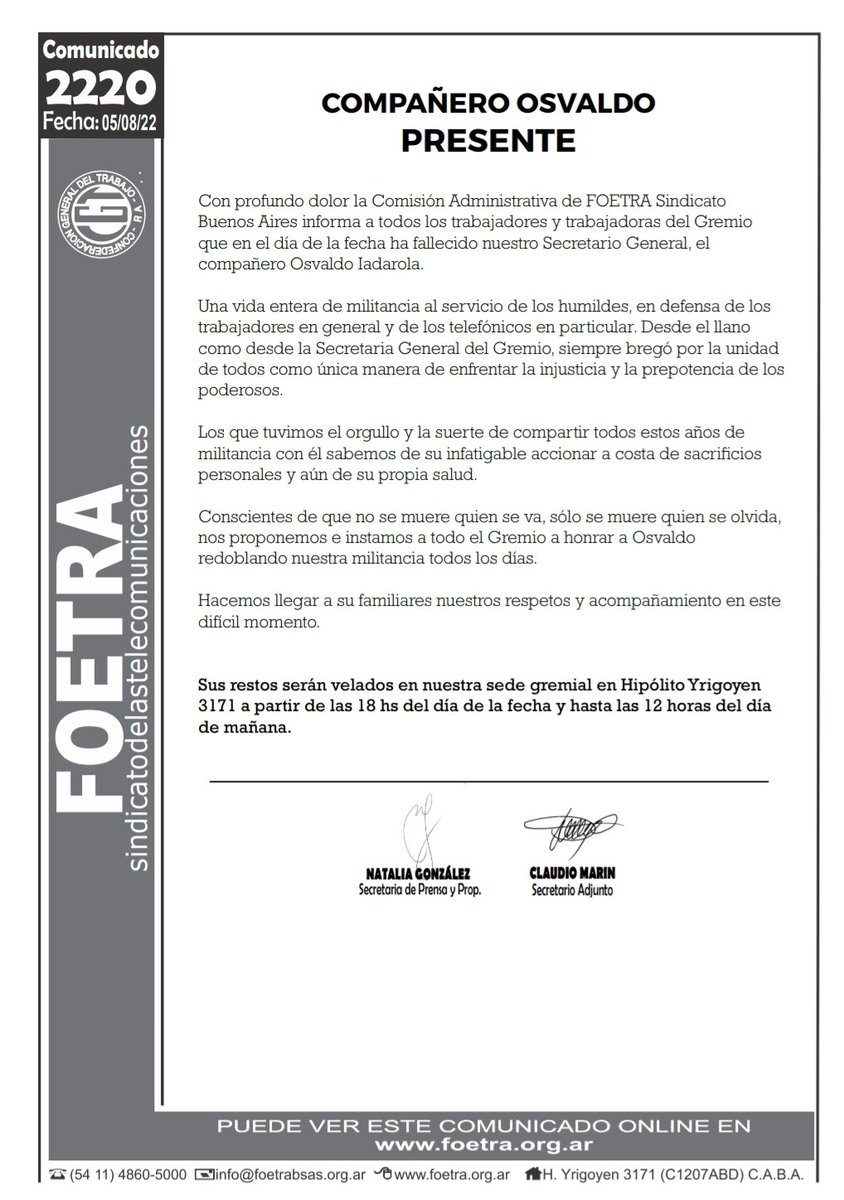 Compañero Osvaldo, ¡PRESENTE! 

Compañeros y Compañeras con profundo dolor lamentamos comunicar que hoy ha fallecido nuestro compañero Secretario General, Osvaldo Iadarola.

Nuestro respeto y acompañamiento a sus familiares en este difícil momento.
