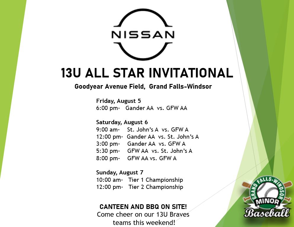 Due to circumstances beyond our control, three teams are not able to attend our tournament but we are still going ahead! 🙂 Please see the revised schedule below for this weekend's Nissan 13U All Star Invitational. See you at the field! Go Braves, go! ⚾️👏