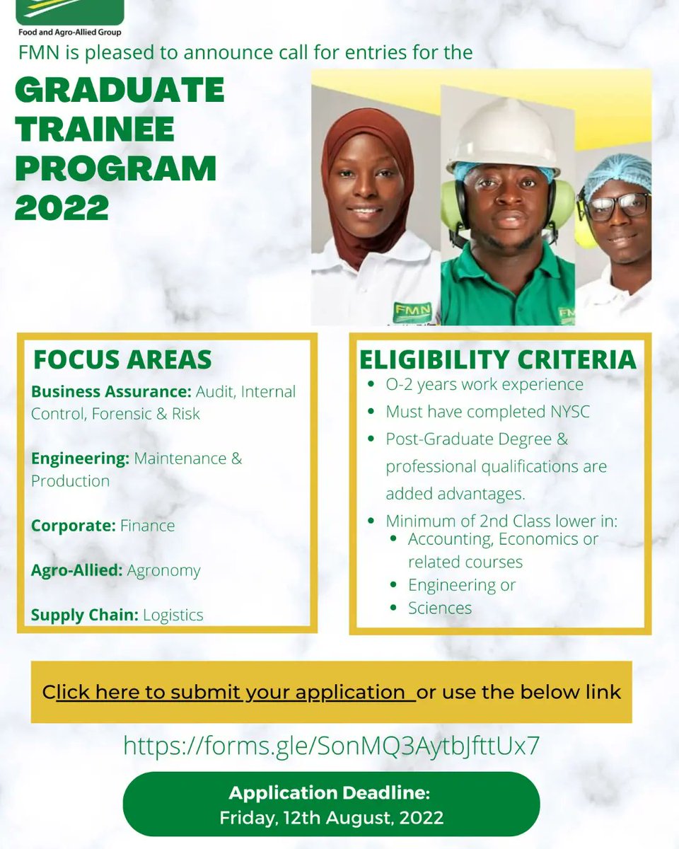 TheFMNAgro's tweet photo. Are you a graduate, ready to work in a diverse working environment?  Then this is for you.

FMN Graduate Trainee Program is now opened! We are seeking vibrant and innovative talent to join us on this journey for our 2022 Graduate Trainee Programme.

Focus Areas are: https://t.co/hSuiafW5Mf