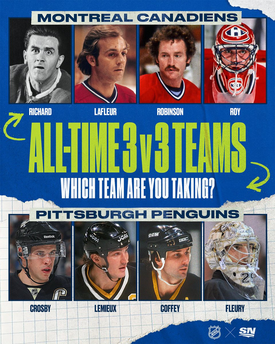 Sportsnet's tweet photo. Which team are you taking in an all-time 3 vs. 3? 🤔 

@CanadiensMTL or @penguins? ⤵️ https://t.co/fXuuPGfNIY
