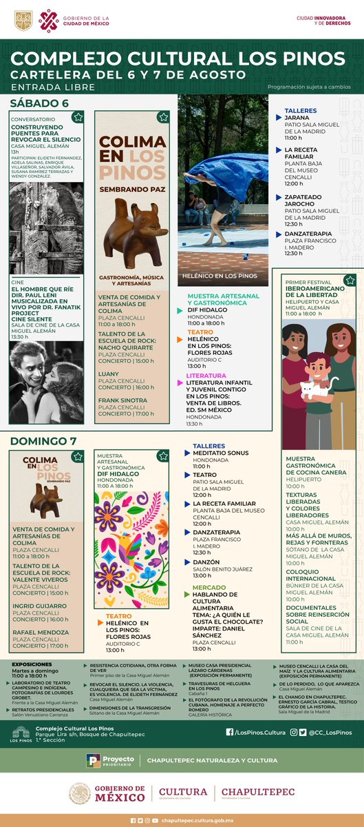 Cine, música, gastronomía y tradición te espera este fin de semana en #LosPinos con la gran oferta cultural que encontrarás en la Casa Miguel Alemán, la Hondonada y la plaza de <a href="/CencalliCultura/">Cencalli</a> 

Consulta la cartelera 👇
