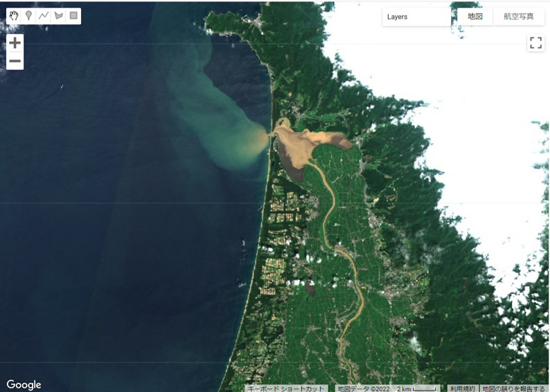 RESTEC_Training's tweet photo. 洪水後は天気が悪いのでSAR衛星が力を発揮しますが、8月5日はSentinel-2🛰も東北を観測していました。

雲の切れ目から各地の濁流が見えます。

↖青森県五所川原市
↗山形県酒田市
↙新潟県村上市
↘新潟県新潟市

RESTECのVEGA（固定ツイート参照）で可視化しました。 https://t.co/HL3OefPLVZ