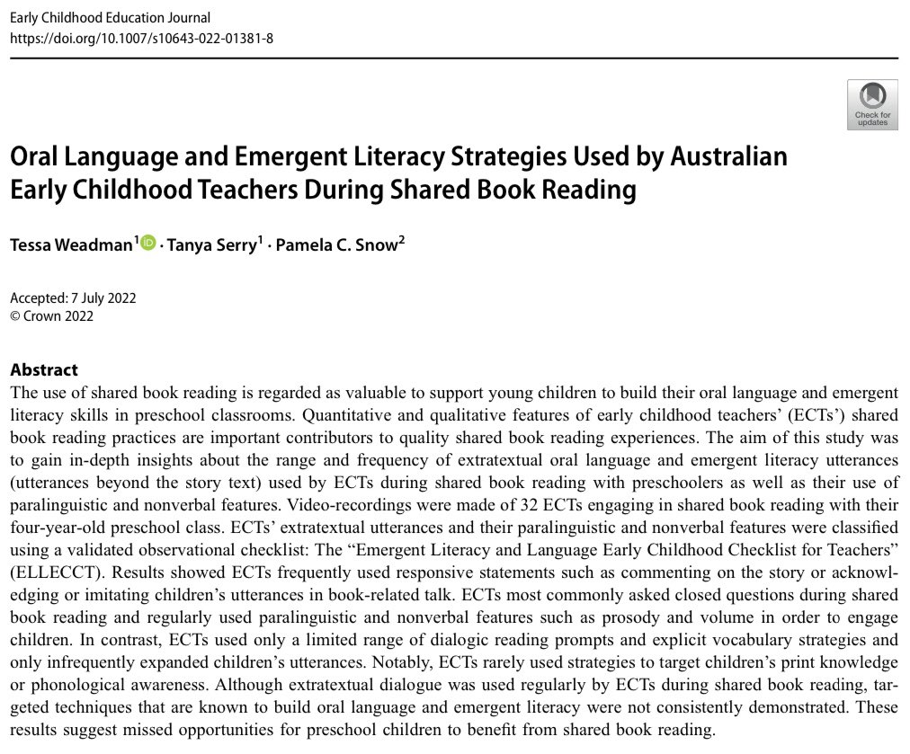 My #SLPhD paper 3 has been published #openaccess with <a href="/tserry2504/">Tanya Anne Serry PhD</a> <a href="/PamelaSnow2/">Pamela Snow</a> 

Oral language and emergent literacy strategies used by Australian ECTs during shared book reading. 

Read more here: 
link.springer.com/article/10.100…