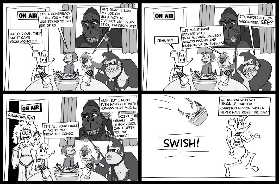 BobbiVO's tweet image. #MITH #Friday
Mouse in the House #132 
“It Started With a #Kiss”   
instagram.com/p/Cg5Yw60sC2E/
#comicstrip #series #webcomics @jemetzca #webtoons  #CuriousGeorge #Rafiki #DonkeyKong #KingKong #monkeypox #vaccinated #Bubbles #MichaelJackson #CharltonHeston #PlanetoftheApes #animation