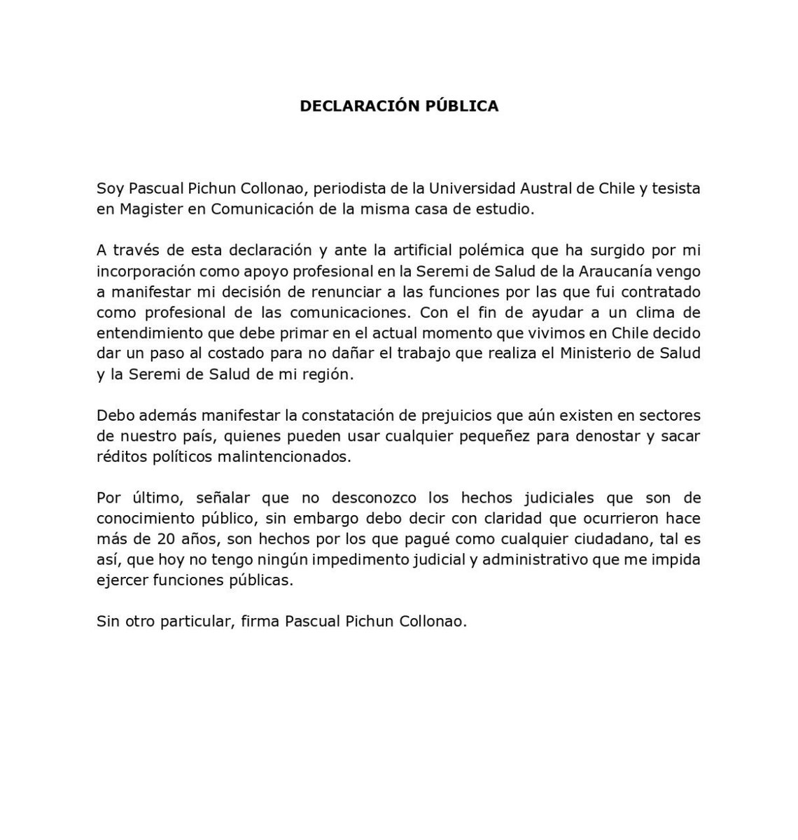 PauHuenchumil's tweet photo. Pascual Pichún Collonao, quien había sido contratado en el Seremi de La Araucanía, renunció al cargo tras diversos cuestionamientos racistas impulsados por Miguel Mellado, diputado de RN

@Totopichun: “Ante el ataque racista y artero de la derecha”👇🏽 https://t.co/oE2ioTraWF