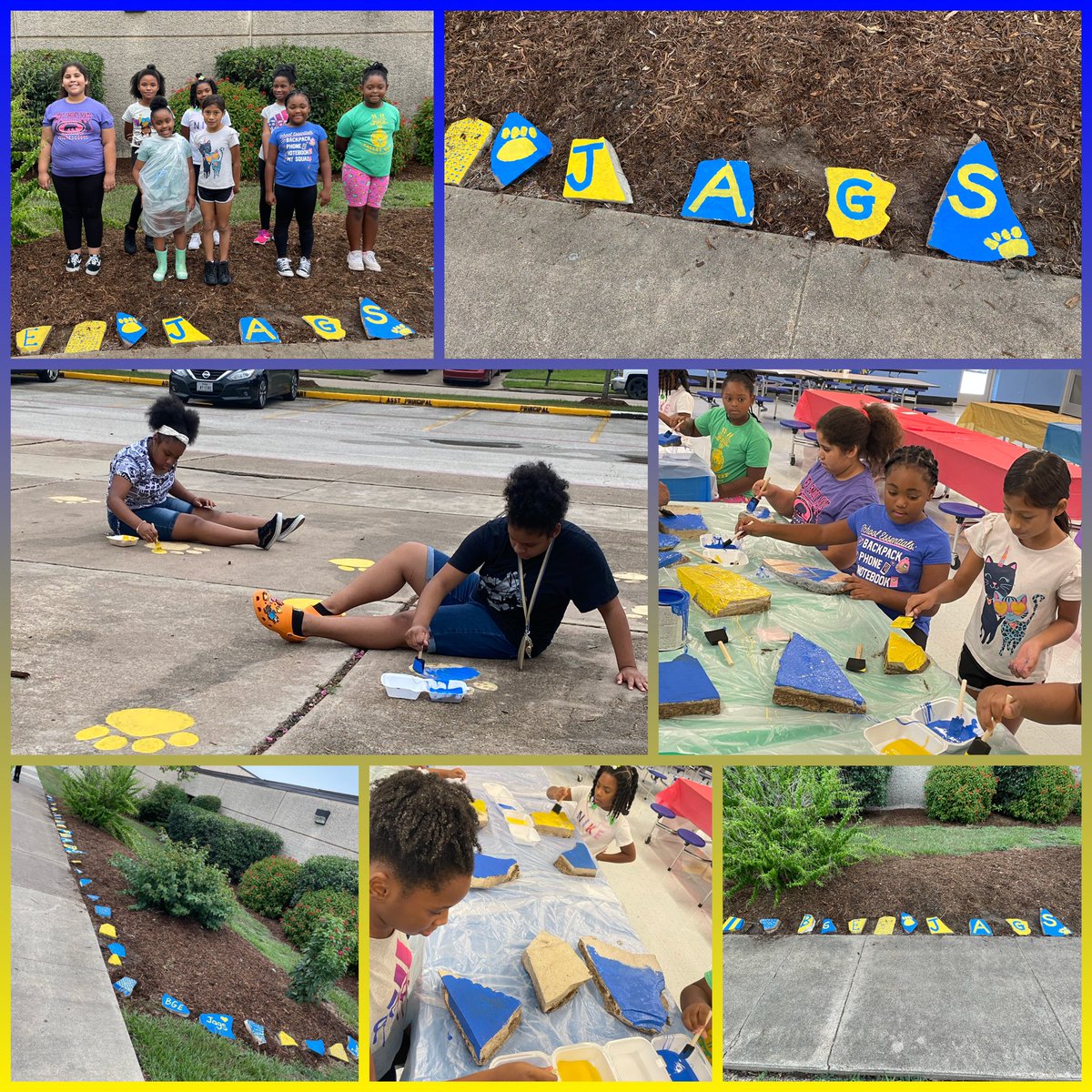 Our Jags Cheer team helping out with the beautification project at BGE. Way to go ladies. 💙💛 @BGE_Jaguars @MichelleColter2 @RhondaMason14 @FortBendISD #bgeistheplacetobe