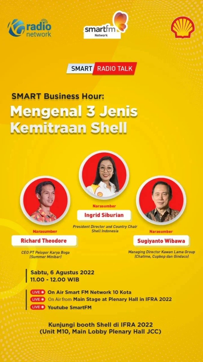 Dapatkan informasi lebih lengkap mengenai Program Kemitraan Shell dalam perbincangan interaktif bersama: Ingrid Siburian, President Director and Chair Country Shell Indonesia. Sugiyanto Wibawa, Managing Director Kawan Lama Group (Chatime, Cupbop dan Gindaco) Richard Theodore