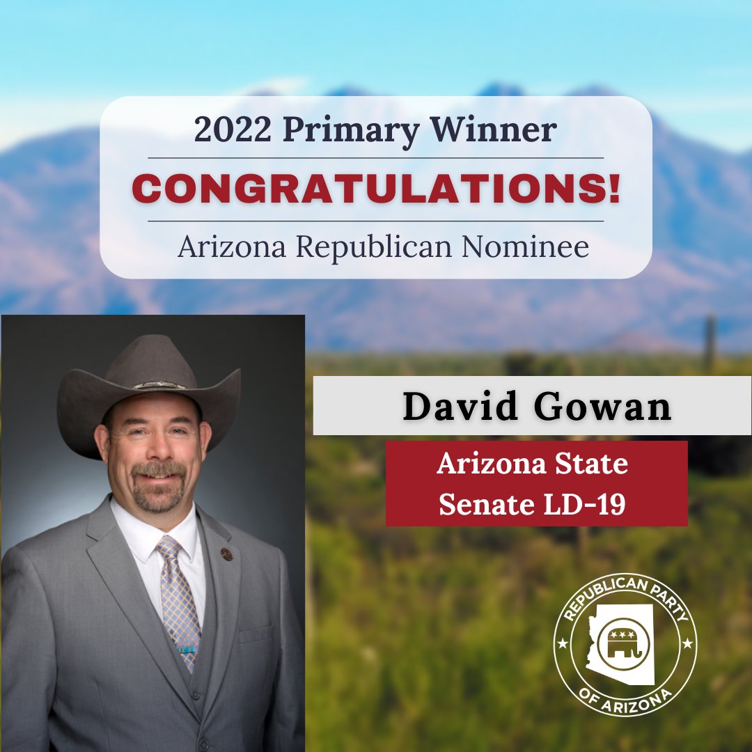 AZGOP's tweet image. Congratulations are in order to LD-19’s Republican Primary Nominees!

@AZDavidGowan - Senate 
Gail Griffin - House 
@LupeDiaz4AZ  - House

LD-19 is ready to fight #BidenInflation and these candidates are ready to pass conservative policies on day one! #KeepArizonaRed