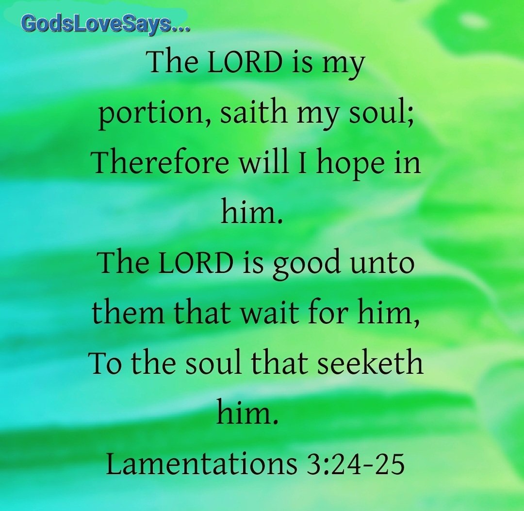 HornettPam's tweet photo. I say to myself, “The Lord is my portion; therefore I will wait for him.” The Lord is good to those whose hope is in him, to the one who seeks him;
Lamentations 3:24-25 NIV
#GodsLoveSays #Lamentations #portion #wait #Lordisgood #hope #seekHim https://t.co/1oD2r8Gt9Q