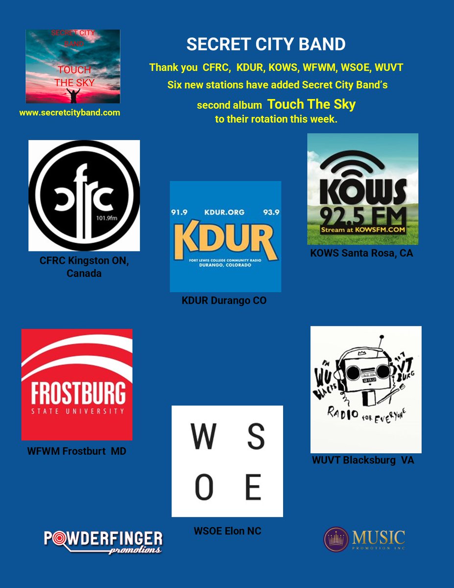Week NINE gives us SIX more radio stations playing songs from our second album "Touch The Sky". Touch The Sky is available on all of the streaming sites. THANK YOU one and all! secretcityband.com