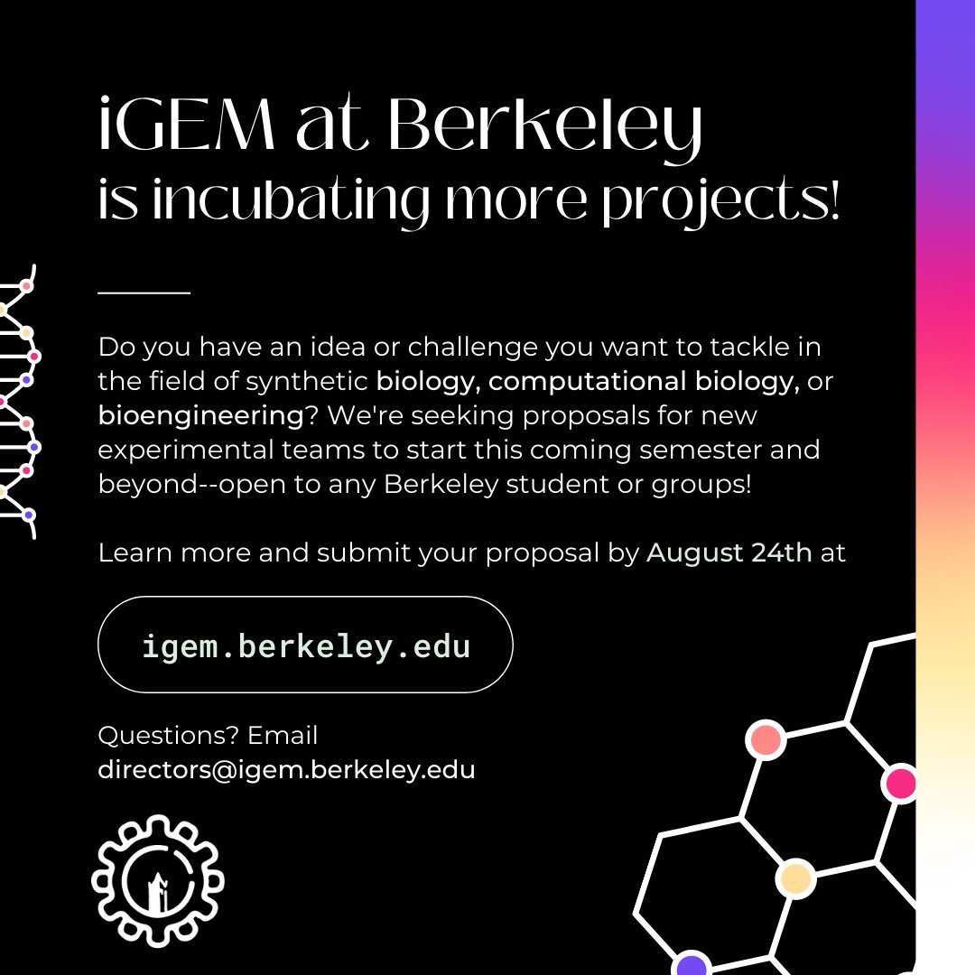 igematberkeley's tweet image. We&apos;re back! Got an idea in bioengineering or computational biology? With lab space, access to reagents, compute servers, and a great community, we&apos;re fielding + funding more student-proposed projects for Fall 2022 and beyond.✨🧬💡 submit by 8/24! igem.berkeley.edu